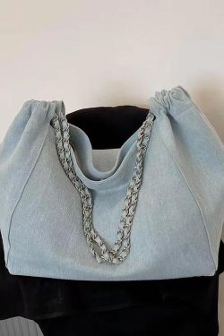 Fashion Navy Chain Linked Large Capacity Denim Satchel Handbag