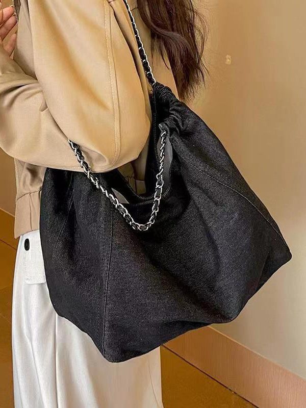 Fashion Navy Chain Linked Large Capacity Denim Satchel Handbag