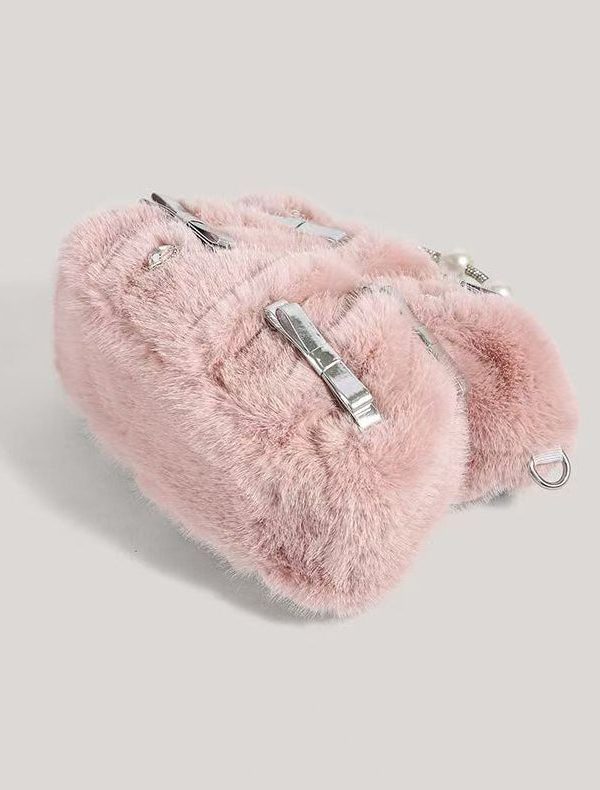 Fashion Pink Bow Zircon Fuzzy Fur Tote Handbag