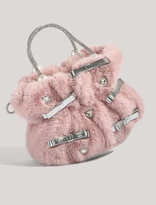 Fashion Pink Bow Zircon Fuzzy Fur Tote Handbag