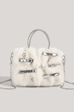 Fashion Pink Bow Zircon Fuzzy Fur Tote Handbag