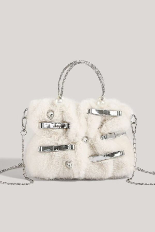 Fashion Pink Bow Zircon Fuzzy Fur Tote Handbag
