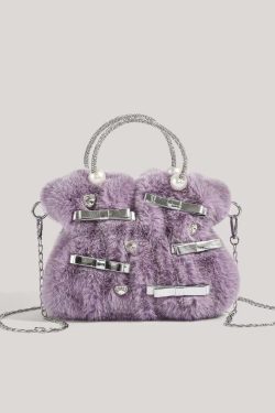 Fashion Pink Bow Zircon Fuzzy Fur Tote Handbag
