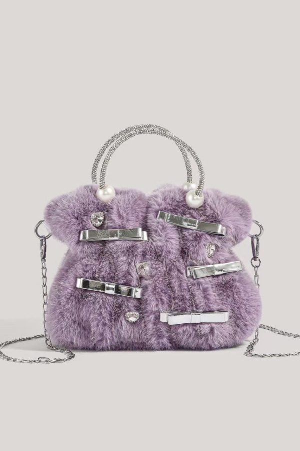 Fashion Pink Bow Zircon Fuzzy Fur Tote Handbag