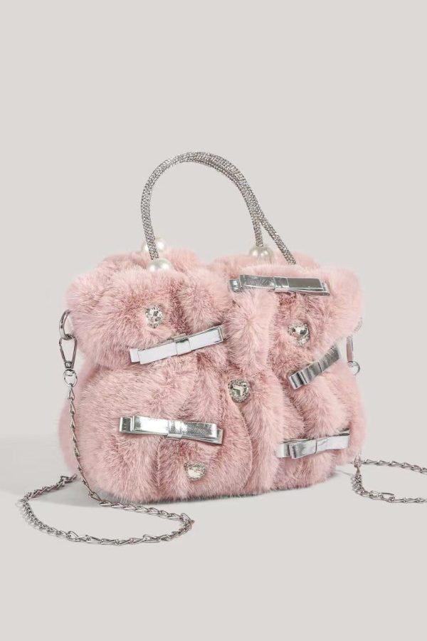 Fashion Pink Bow Zircon Fuzzy Fur Tote Handbag