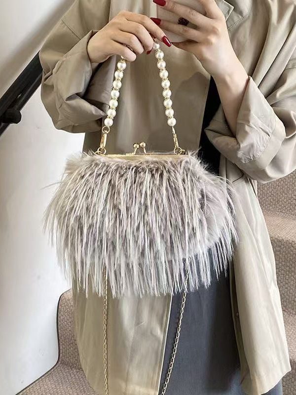 Fashion Pink Feather Tassel Fuzzy Fur Chain Messenger Bag