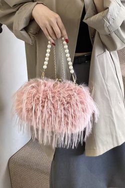 Fashion Pink Feather Tassel Fuzzy Fur Chain Messenger Bag