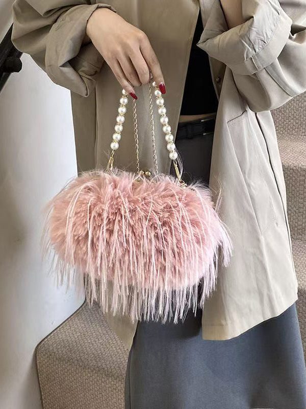Fashion Pink Feather Tassel Fuzzy Fur Chain Messenger Bag
