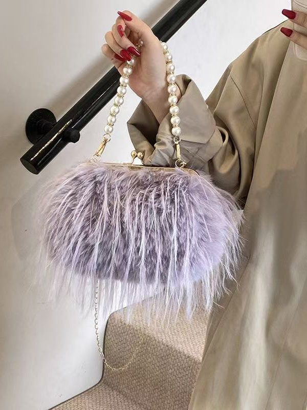 Fashion Pink Feather Tassel Fuzzy Fur Chain Messenger Bag