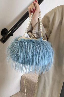 Fashion Pink Feather Tassel Fuzzy Fur Chain Messenger Bag
