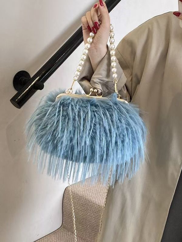 Fashion Pink Feather Tassel Fuzzy Fur Chain Messenger Bag