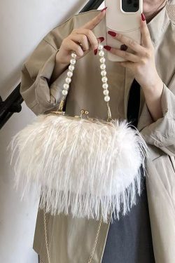 Fashion Pink Feather Tassel Fuzzy Fur Chain Messenger Bag