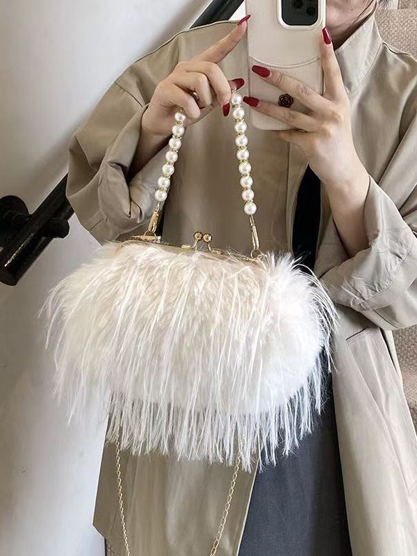 Fashion Pink Feather Tassel Fuzzy Fur Chain Messenger Bag