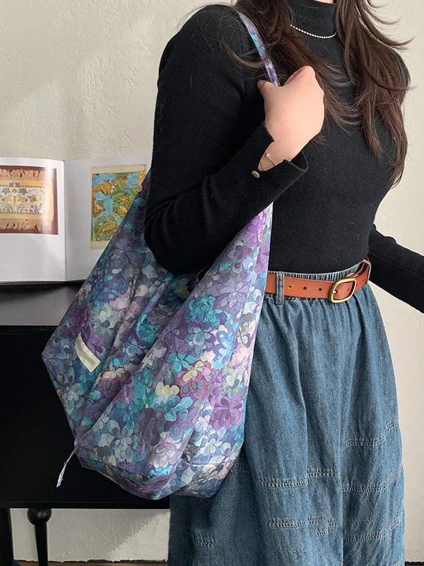 Fashion Purple Print Large Capacity Canvas Shoulder Bag