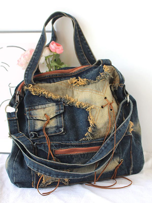 Fashion Tassel Large Capacity Denim Satchel Bag Handbag
