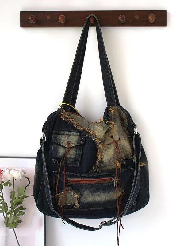 Fashion Tassel Large Capacity Denim Satchel Bag Handbag