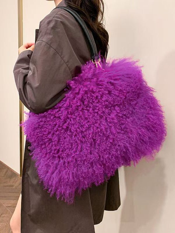 Fashion Versatile Coffee Sheepskin Fur Large Capacity Shoulder Bag