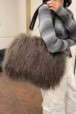 Fashion Versatile Coffee Sheepskin Fur Large Capacity Shoulder Bag