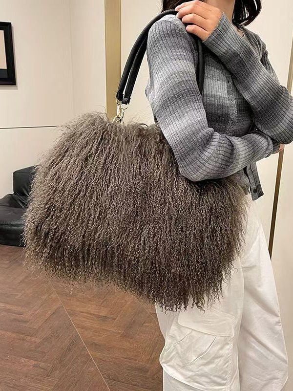 Fashion Versatile Coffee Sheepskin Fur Large Capacity Shoulder Bag