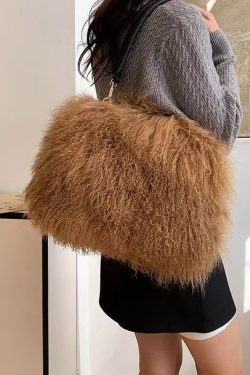 Fashion Versatile Coffee Sheepskin Fur Large Capacity Shoulder Bag