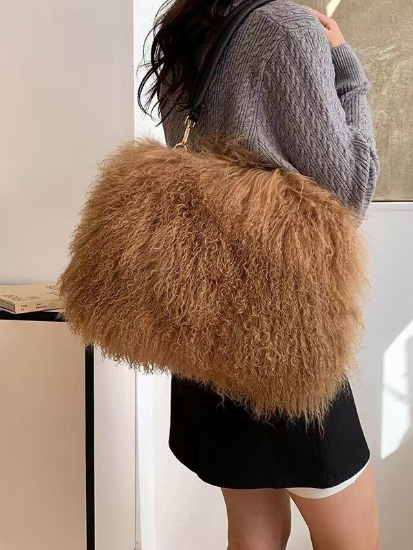 Fashion Versatile Coffee Sheepskin Fur Large Capacity Shoulder Bag