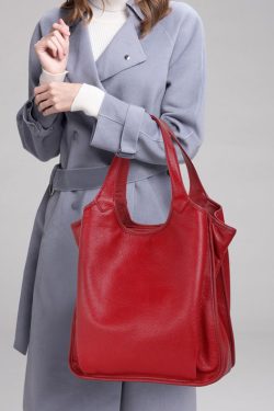 Fashion Versatile Red Large Capacity Calf Leather Satchel Handbag