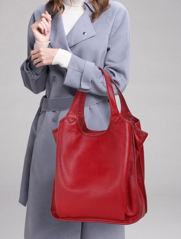 Fashion Versatile Red Large Capacity Calf Leather Satchel Handbag