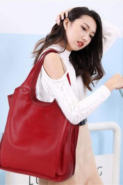 Fashion Versatile Red Large Capacity Calf Leather Satchel Handbag