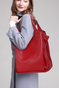 Fashion Versatile Red Large Capacity Calf Leather Satchel Handbag