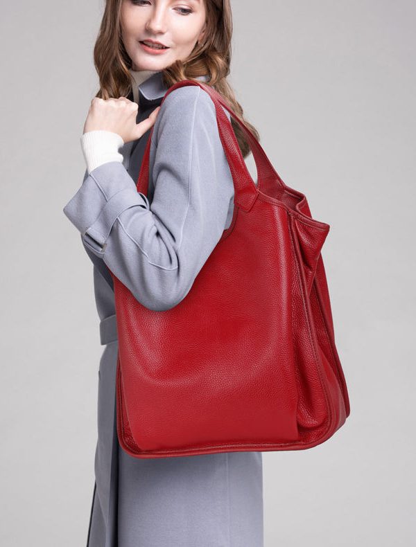 Fashion Versatile Red Large Capacity Calf Leather Satchel Handbag