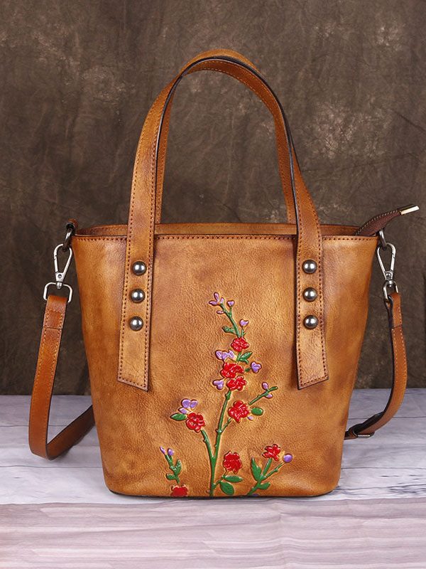 Fashion Yellow Embossing Paitings Calf Leather Messenger Bag