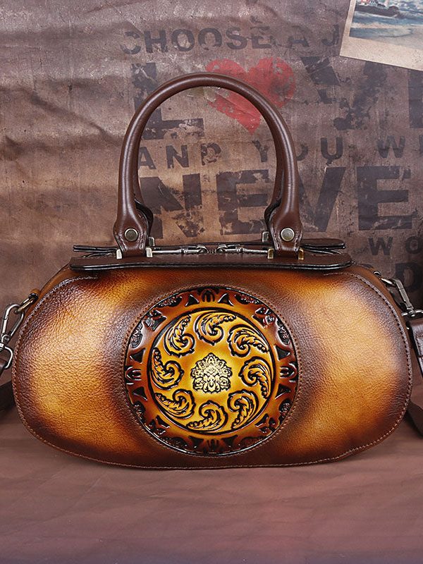 Fashion Yellow Embossing Paitings Calf Leather Tote Handbag