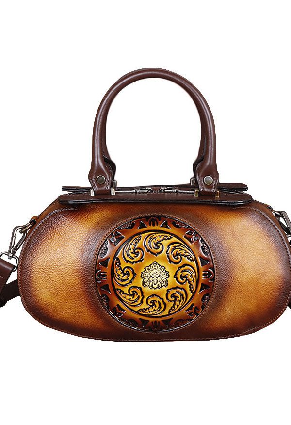 Fashion Yellow Embossing Paitings Calf Leather Tote Handbag