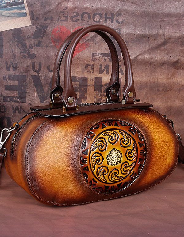 Fashion Yellow Embossing Paitings Calf Leather Tote Handbag