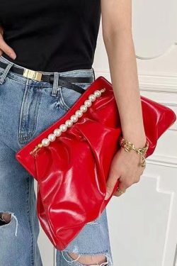 Fashionable Versatile Red Pleated Pearl Handbag