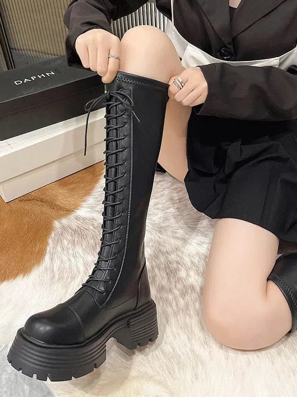 Faux Leather Knee High Lace Up Boots