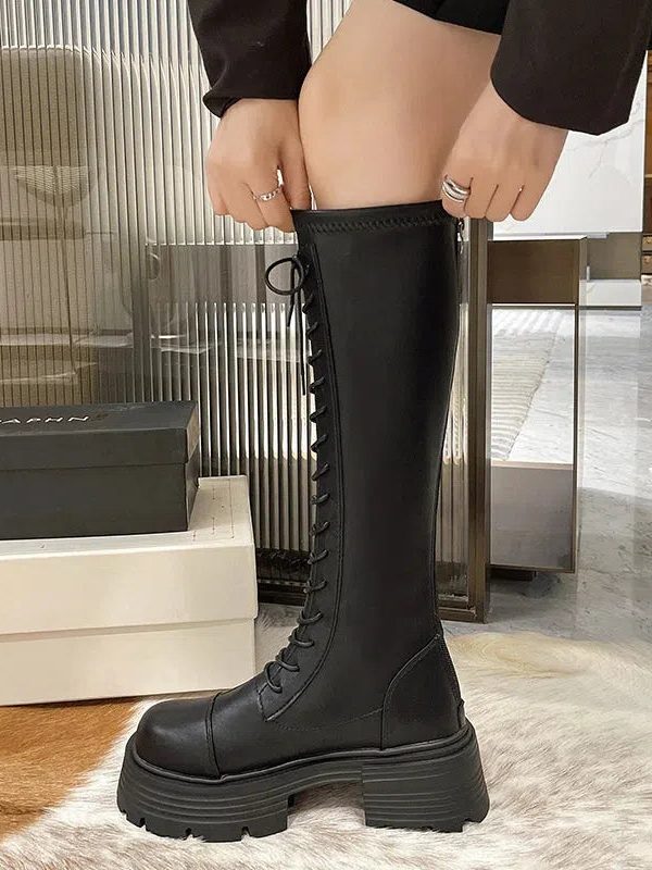Faux Leather Knee High Lace Up Boots