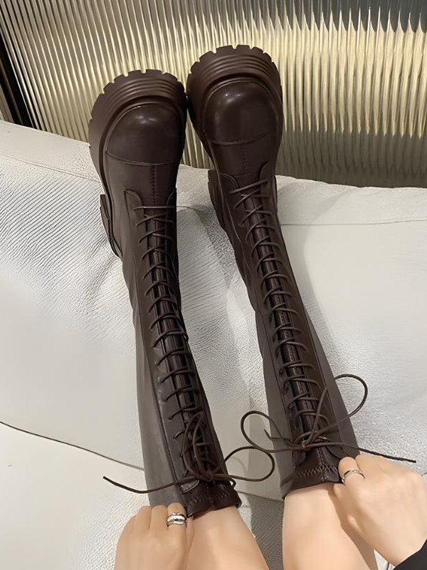 Faux Leather Knee High Lace Up Boots