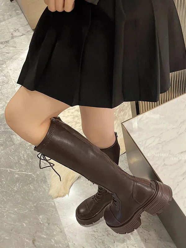 Faux Leather Knee High Lace Up Boots