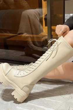 Faux Leather Knee High Lace Up Boots