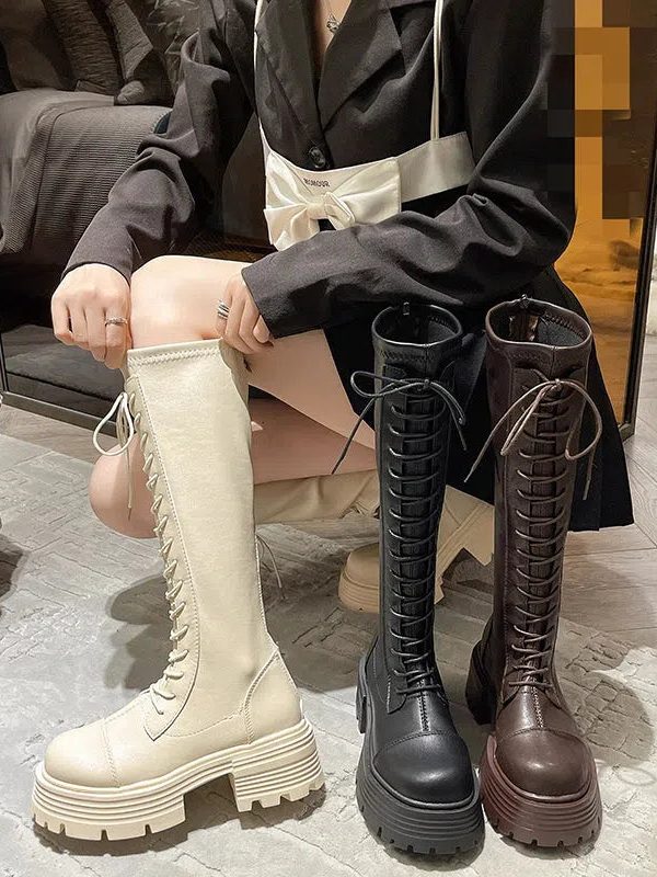 Faux Leather Knee High Lace Up Boots