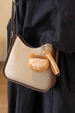 Fine Beige Fuzzy Ball Decorated Faux Leather Messenger Bag