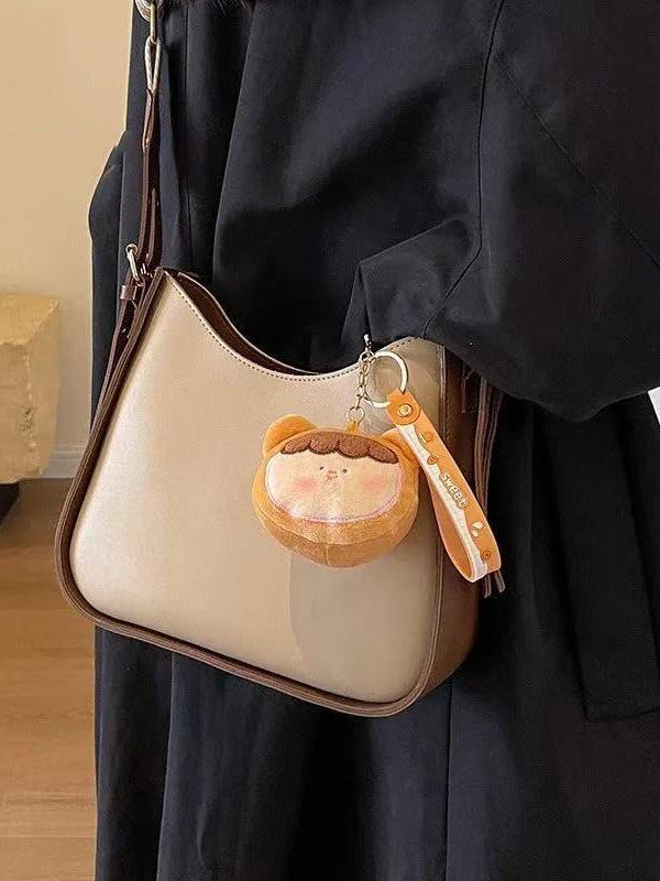 Fine Beige Fuzzy Ball Decorated Faux Leather Messenger Bag