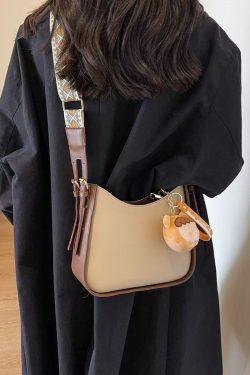 Fine Beige Fuzzy Ball Decorated Faux Leather Messenger Bag