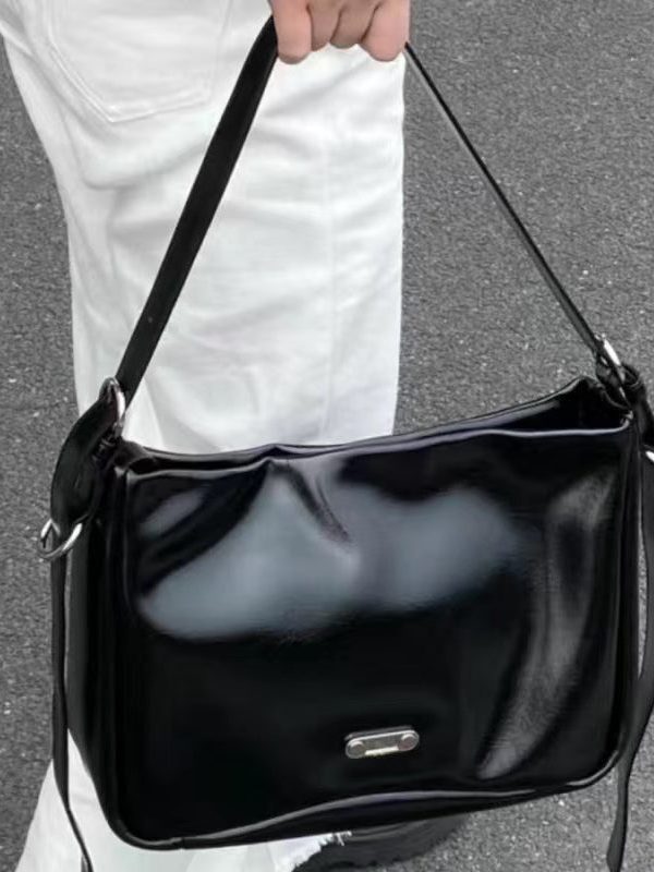 Fine Black Canvas Patchwork Faux Leather Messenger Bag