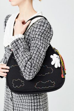 Fine Black Embroidered Pendant Decorated Cotton Hobo Bag