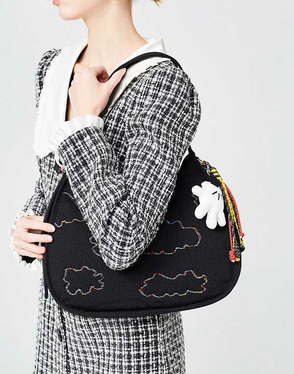 Fine Black Embroidered Pendant Decorated Cotton Hobo Bag