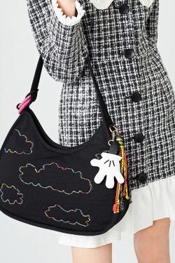 Fine Black Embroidered Pendant Decorated Cotton Hobo Bag
