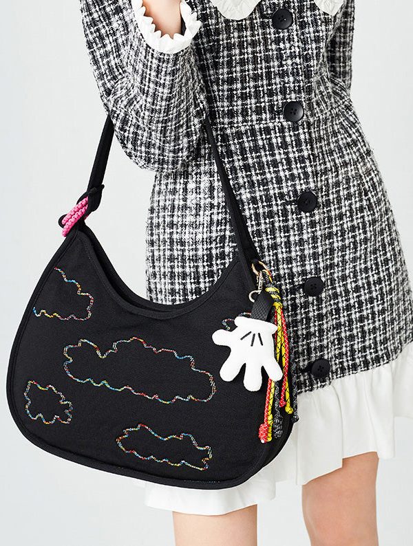 Fine Black Embroidered Pendant Decorated Cotton Hobo Bag