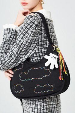 Fine Black Embroidered Pendant Decorated Cotton Hobo Bag